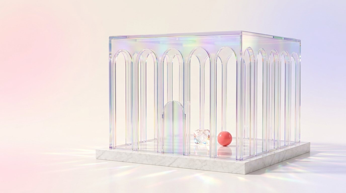 A glass building with arches on a marble base, its gate closed, with a crystal and a pink sphere safe inside.