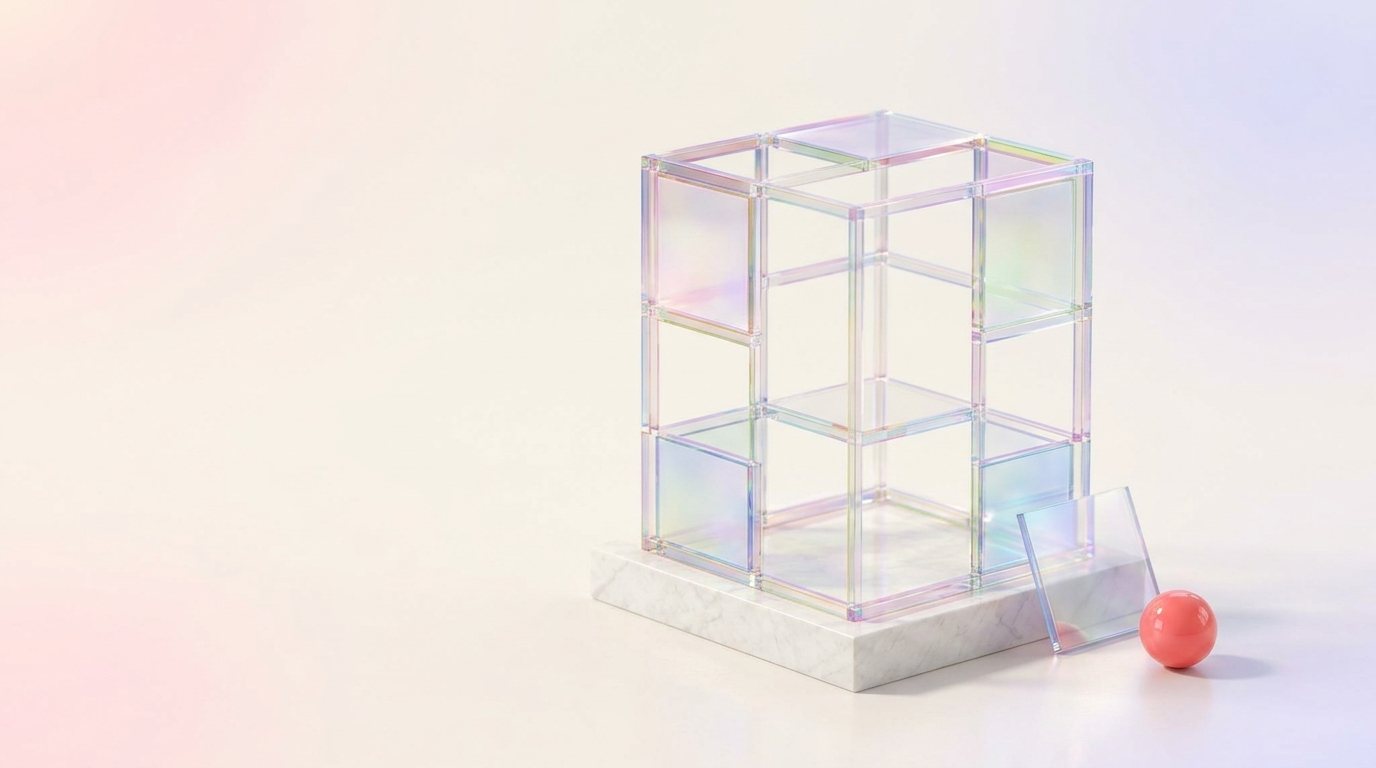 A glass frame on a marble base with one empty cell, and a pink sphere waiting outside it.